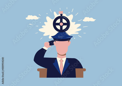 Businessman with steering wheel helm on head symbolizing leadership direction decision making motivation and mindset concept in flat vector illustration