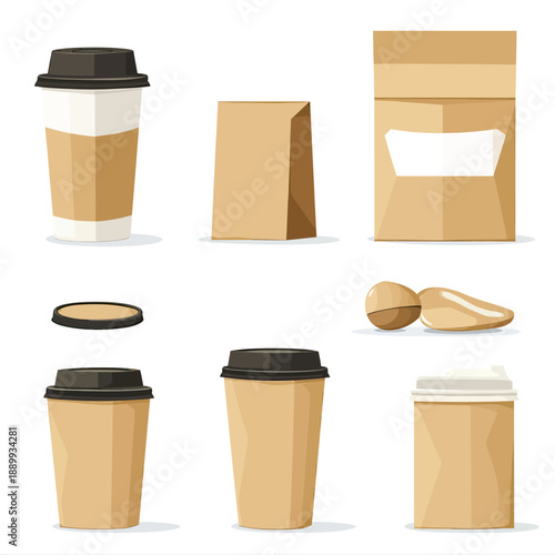 Minimalist vector set of brown paper coffee cups with lids, kraft paper bags, and packaging elements for cafe and takeout beverage branding mockup design