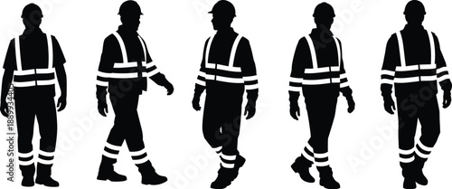 Five black silhouettes of construction workers wearing hard hats and visibility vests person