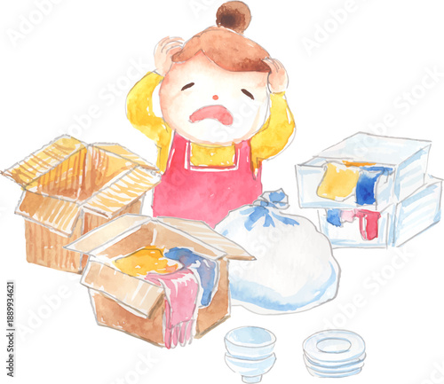 片付かない引っ越し荷物に困っている女性のイラスト　ベクター