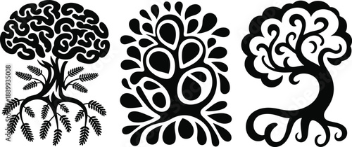 Black Silhouette Illustration Set Featuring Abstract Tree of Life Designs With Brain Foliage Roots and Organic Droplet Patterns for Creative Mind and Wellness Branding