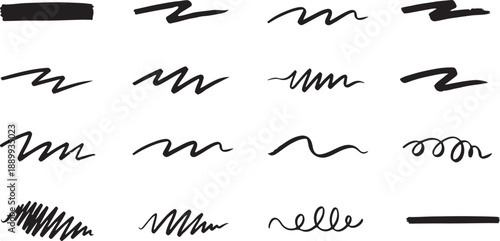 collection of black hand drawn ink brush strokes and wavy scribble lines