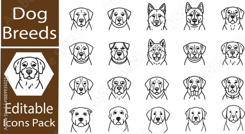 Dog Breeds Icon Set: Vector Pet Portraits for Veterinary, Canine Care, and Animal Lovers