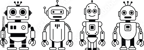 Four black and white cartoon robots standing side by side character android