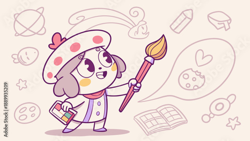 Young cartoon artist holding a paintbrush, creative expression, artistic style.