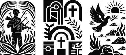 Black Silhouette Illustration Set Featuring Soldier With Rifle Christian Crosses Gravestones Peace Dove With Olive Branch and Rising Sun for Memorial and Military Design