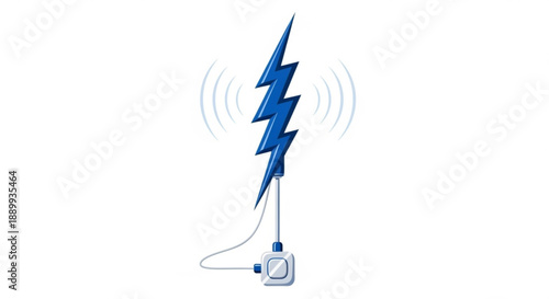 Blue lightning bolt antenna with signal waves representing electricity power or communication isolated on white background