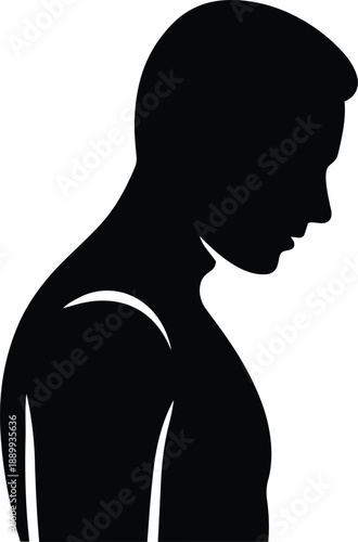 Black Silhouette Of A Man Looking Down With Abstract Neck Detail Keywords: man, silhouette