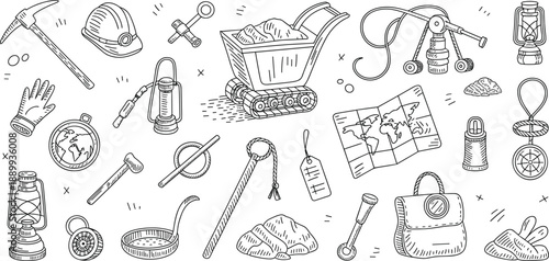 Hand Drawn Mining and Exploration Equipment Illustrations Set Featuring Pickaxe Helmet Lantern Map Compass and Mine Cart Isolated on White Background for Industry Design