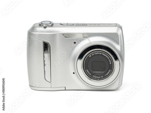 Vintage Silver Compact Point and Shoot Digital Camera, Early 2000s Retro Technology, Isolated on White Background
