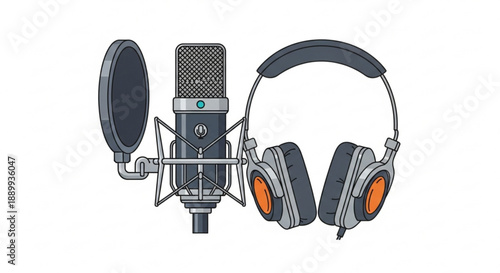 Professional studio microphone with pop filter and headphones audio recording equipment for podcasting and music production isolated on white background