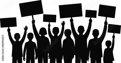 Silhouette crowd of people holding blank signs and raising hands protest demonstration
