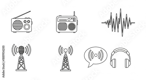 Collection of radio and audio icons including vintage radios broadcast towers and headphones perfect for media and communication concepts