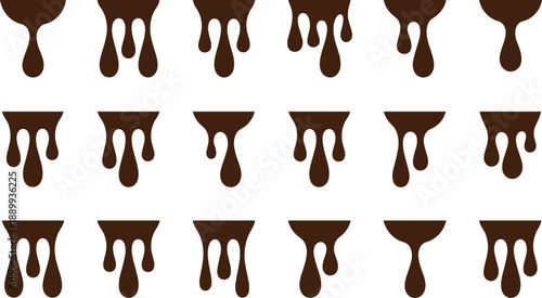 Repeating pattern of dripping dark brown liquid on white background chocolate drip