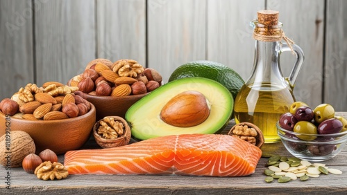 Fresh salmon fillet with avocado nuts and olive oil on wooden table