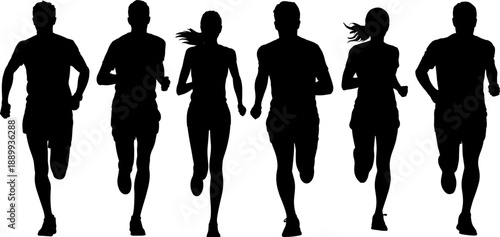 Six black silhouettes of men and women running forward on white background runners race marathon competition
