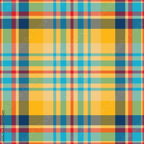 Vibrant seamless pixelated tartan pattern with yellow, cyan, and red hues. Ideal for digital textile design, web backgrounds, and retro gaming aesthetics. Bold geometric plaid style.