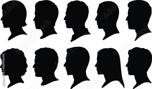 Ten Black Silhouettes of Diverse Human Profiles Facing Right head face