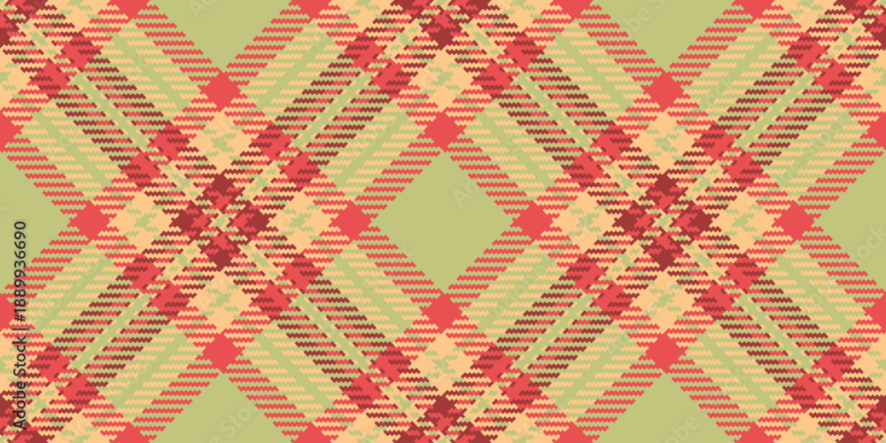 Fototapeta premium Diamond seamless vector textile, customizable tartan plaid texture. Cotton fabric background pattern check in red and lime colors.