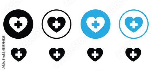 Heart with medical cross icon set. Healthcare plus symbol. Hospital and pharmacy badge collection. First aid sign vector.

