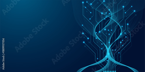 Motherboard circuit board tree concept of network technology background. Futuristic circuitry flow element. Database branch information software coding. Big data semiconductor technology vector.