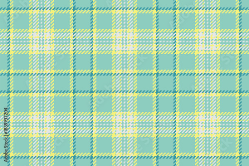 Curve textile pattern check, net texture tartan fabric. Flannel vector plaid seamless background in teal and yellow colors.