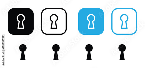 Keyhole Icon Set. Vector collection of black and blue lock symbols, security signs, privacy elements, and door access buttons isolated on white background.

