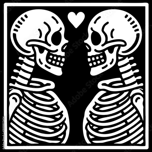 Symmetric Skeletons: Two skeletons facing each other with a central heart symbol.