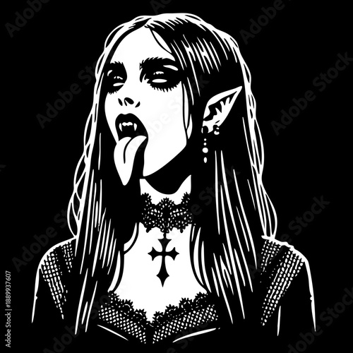 Vampire Portrait: Woman with vampire fangs and a cross necklace, gothic horror.