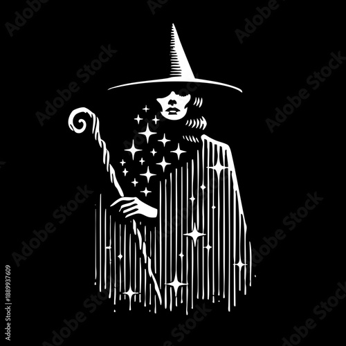 Witch with Staff: Old witch in a pointed hat holding a magical wooden staff.