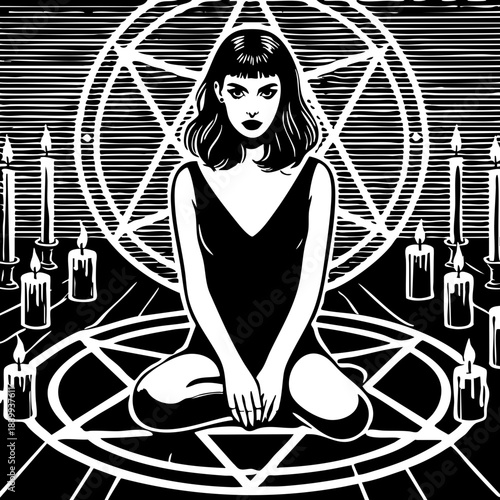 Pentagram Ritual: Woman sitting before a large pentagram with burning candles.