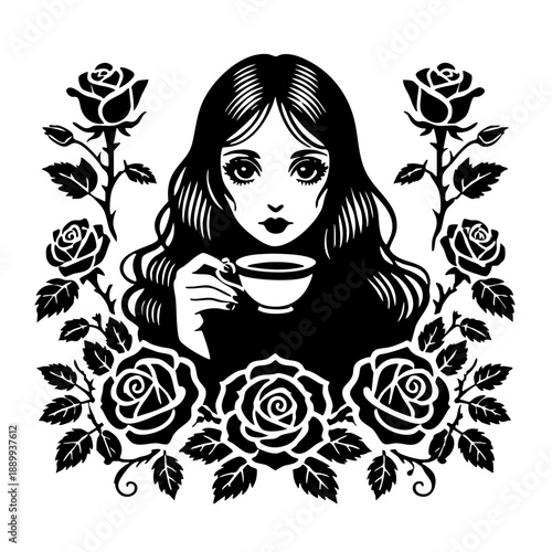 Tea and Roses: Portrait of a girl drinking tea framed by lush rose bushes.