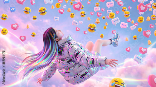 Young woman floating in social media addiction concept