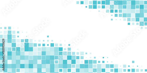 Abstract blue pixel mosaic background with scattered square elements forming a dynamic digital pattern on white space