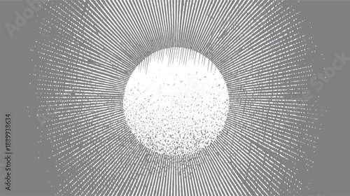 Abstract radial pattern of white lines and dots emanating from a central sphere on a gray background