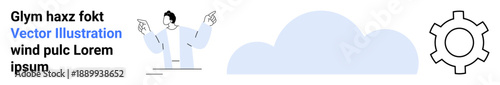 Man gestures towards cloud and gear icon symbolizing technology, cloud computing, innovation, and processes. Ideal for tech, software, cloud storage, automation, concept design innovation