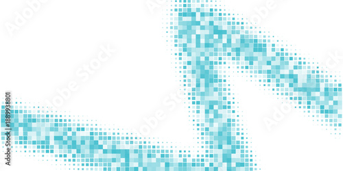Abstract blue pixel wave background composed of small square elements forming a flowing digital curve on white space. This modern geometric design symbolizes data flow,