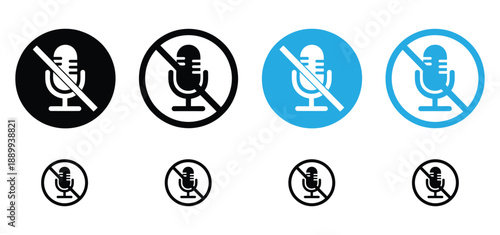 Mute Microphone Icon Set - No Sound, Audio Off, and Silent Button Symbol Collection,Audio Microphone and speaker button icon set, Mute Vector Icons, Column, Play, Sound symbol for Podcast