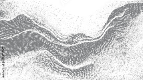Abstract grayscale stippled landscape with undulating hills and valleys dots texture