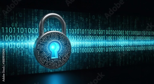 A digital padlock secures a background of streaming binary code