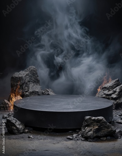 Dramatic Dark Stage with Rocks and Fog
