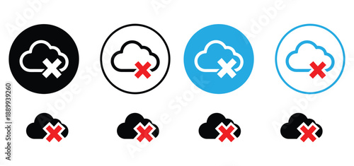 Cloud Offline Icon Set - Disconnect, Error, and Delete Symbol Collection,cloud with red round cross icon. concept of upload or download trouble or system alert badge.