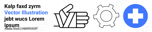 Thumbs-up hand sign, gear symbol, and healthcare cross illustrating teamwork, innovation, health, support, collaboration, productivity and problem-solving. Ideal for design projects or simple