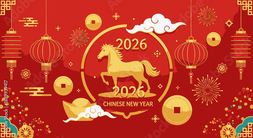 Vibrant red background with golden horse, lanterns, coins, and ingots celebrating Chinese New Year 2026, Year of the Horse.