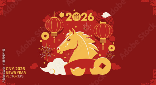Vibrant red and gold illustration celebrating Chinese New Year 2026 with a majestic golden horse, traditional lanterns, and auspicious symbols.