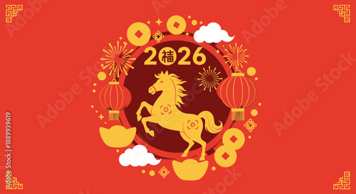 A festive red background with a golden horse, lanterns, coins, and "2026" for Chinese New Year.