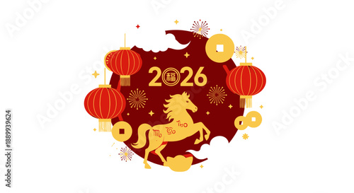 Vibrant illustration celebrating Chinese New Year 2026, featuring a golden horse, traditional red lanterns, and gold coins on a festive red background.