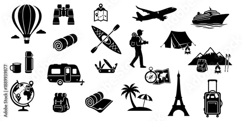Travel and tourism silhouettes set featuring icons for camping, adventure, hiking, vacation, and world travel isolated on transparent