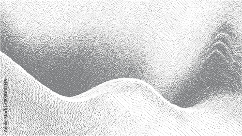 Abstract stippled gradient of grey dots creating organic wave shapes on white background