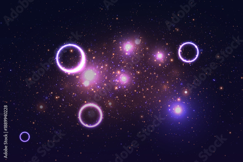 Cosmic energy field with luminous particles and light rings.